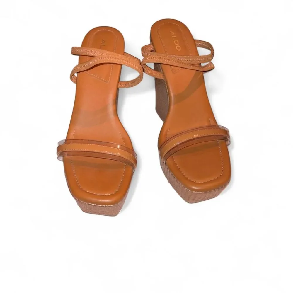 Aldo Brand New Brown Tan Platform Wedge Sandals Strappy Mules 9.5